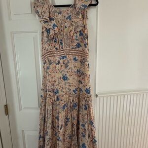 Floral Ruffle Dress - Rebecca Taylor- Cream and Blue size 12 (runs small)